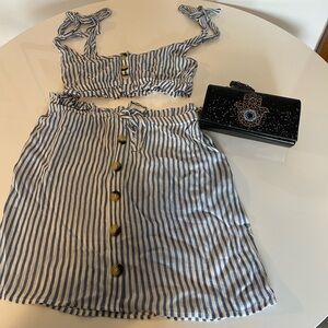 Wednesdays Girl  Blue &White Two-Piece Set. Top and skirt, Plus evening clutch